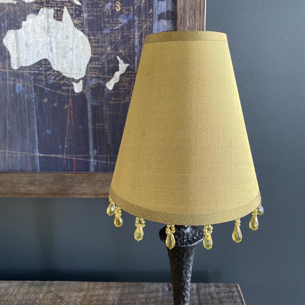 Vtg 6.5" Tapered Clip-on Chandelier Sconce Small Lamp Shade Fabric Beaded Gold